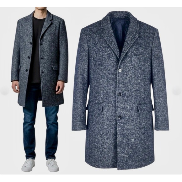 J. Crew Ludlow Topcoat Wool Blend Herringbone Navy Blue Gray Jacket Sz 34R